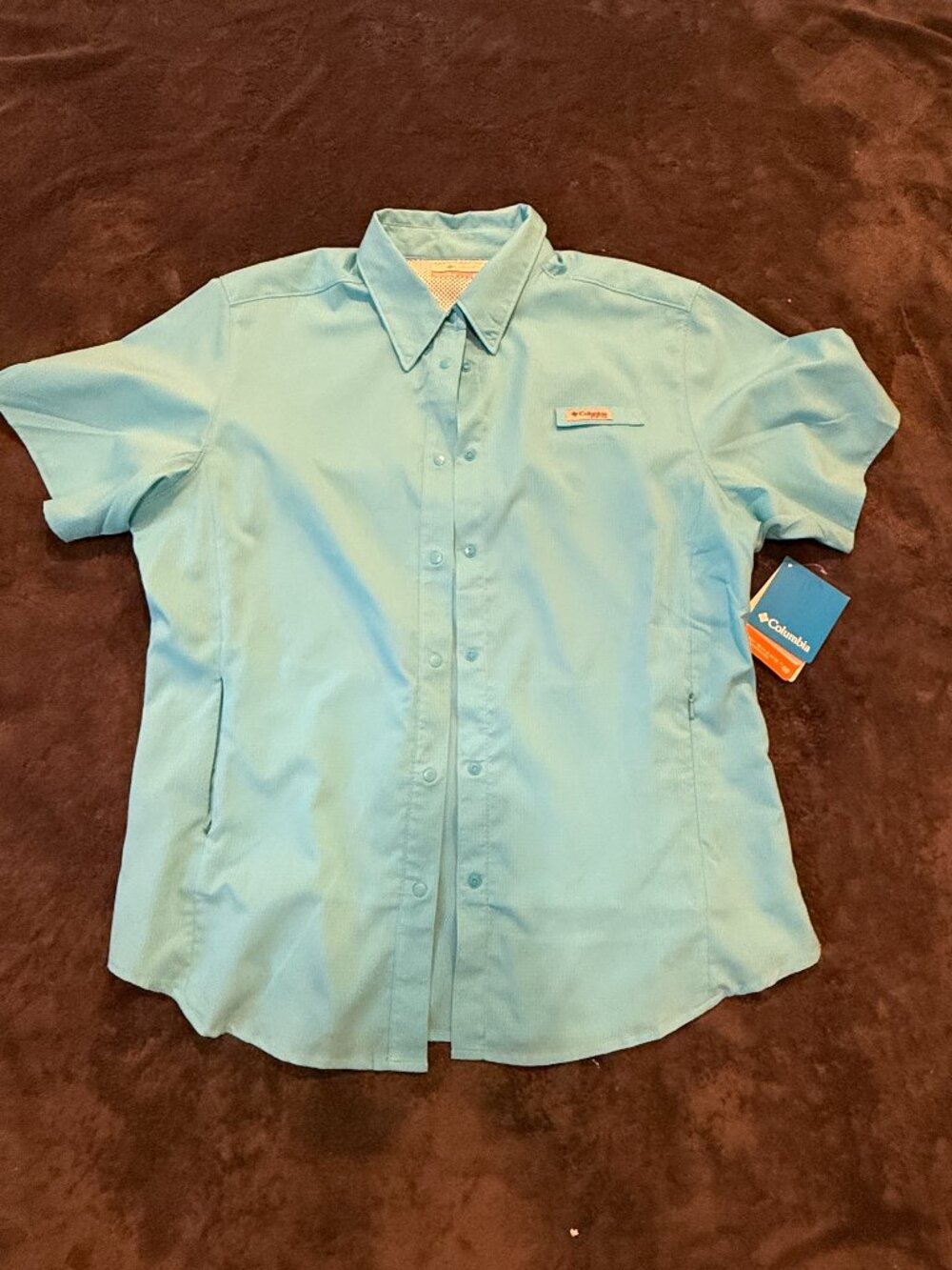 Columbia NWT PFG Bahama Short Sleeve Fishing Shirt Aqua Blue Sun Protecti